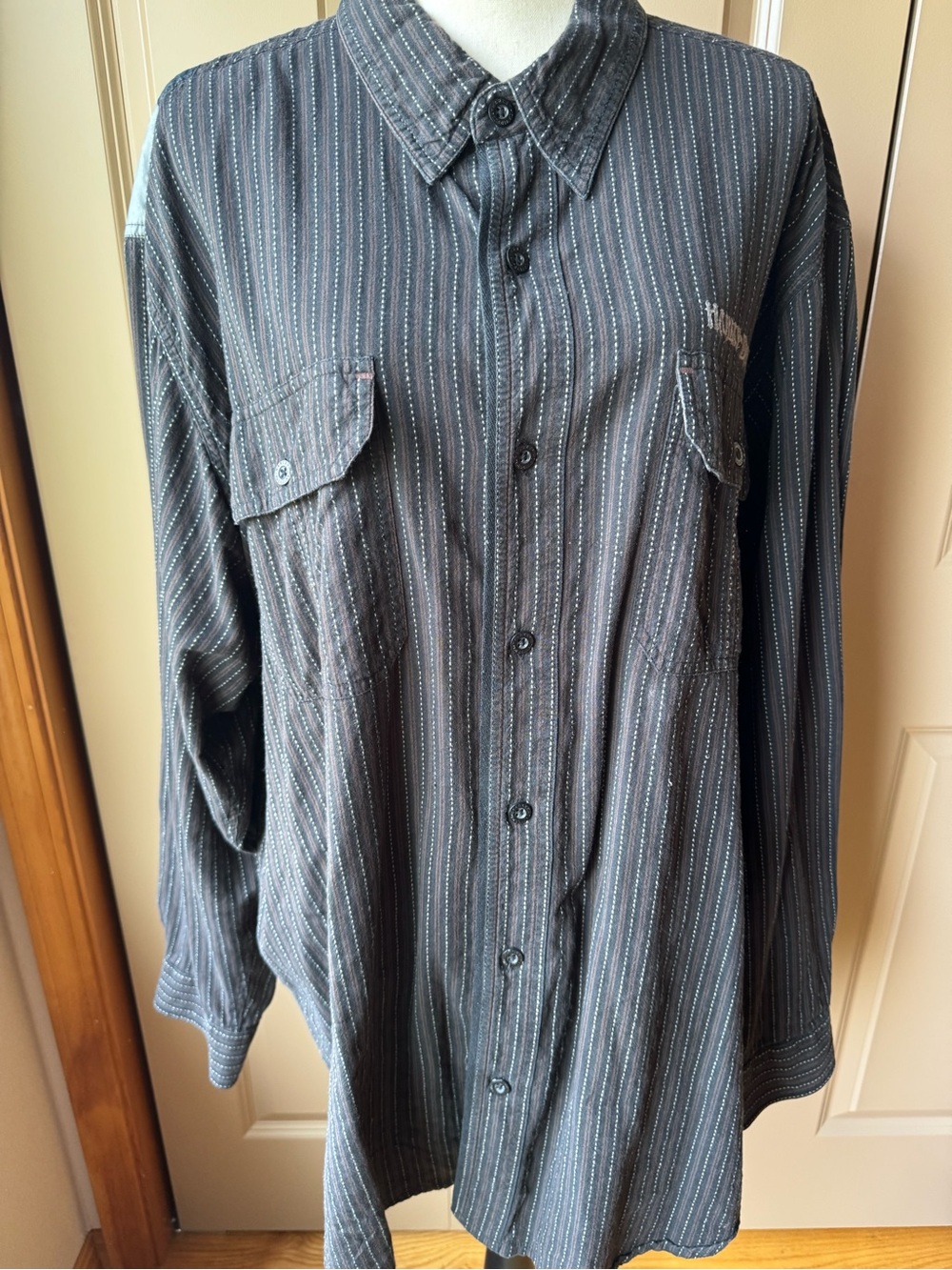 Harley Davidson Long-Sleeve Striped Button-Up Shirt - Black and Brown Stripes